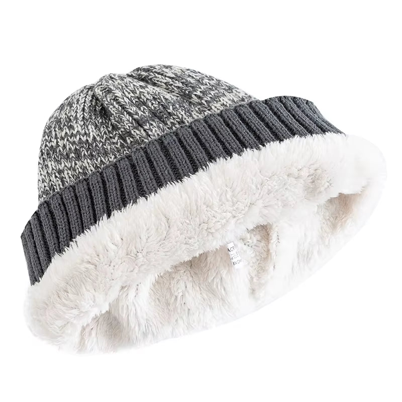 New Unisex Two-Tone Winter Hats Add Fur Lined Men and Women Fashion Warm Beanie Cap Casual Winter Knitted Hats