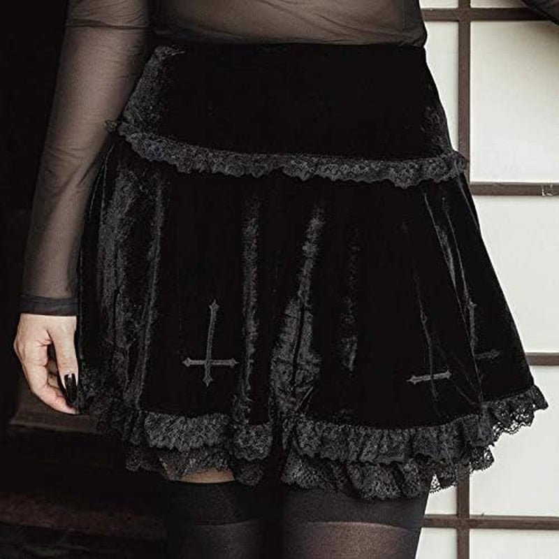 Womens Gothic Mini Skirts Punk Grunge Velvet Skirts High Waist Emo Skirt Mall Goth Alt Harajuku Skirt