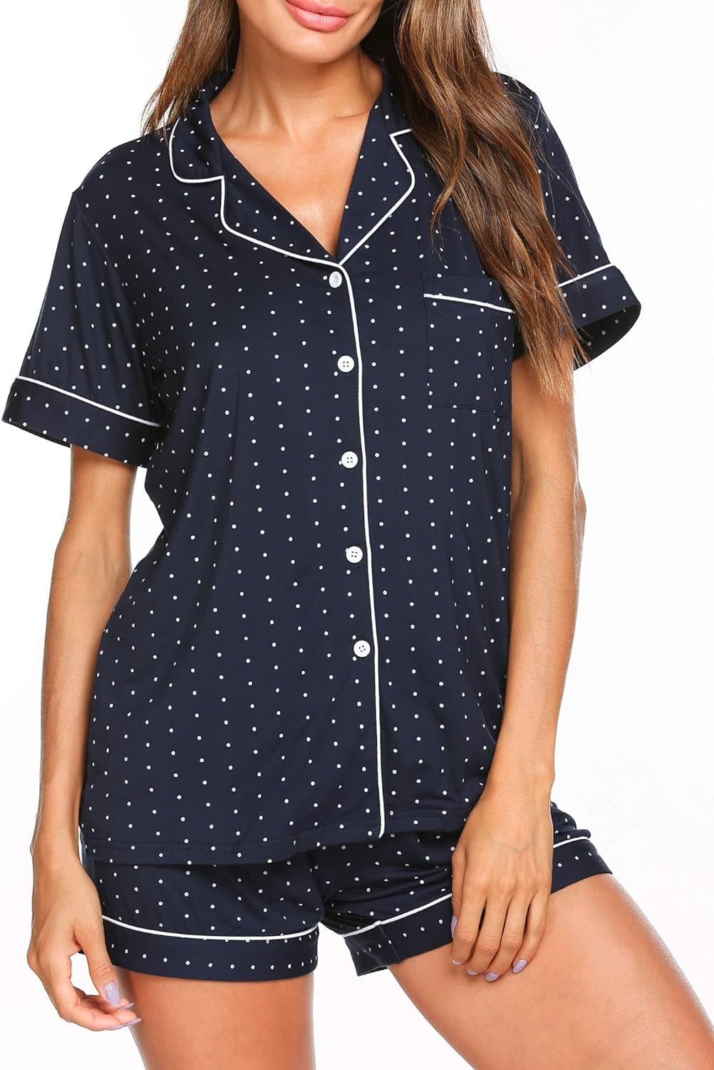 Pajamas Set Short Sleeve Sleepwear Womens Button down Nightwear Soft Pj Lounge Sets with Pocket S-4XL, Navy with White Dots, Large