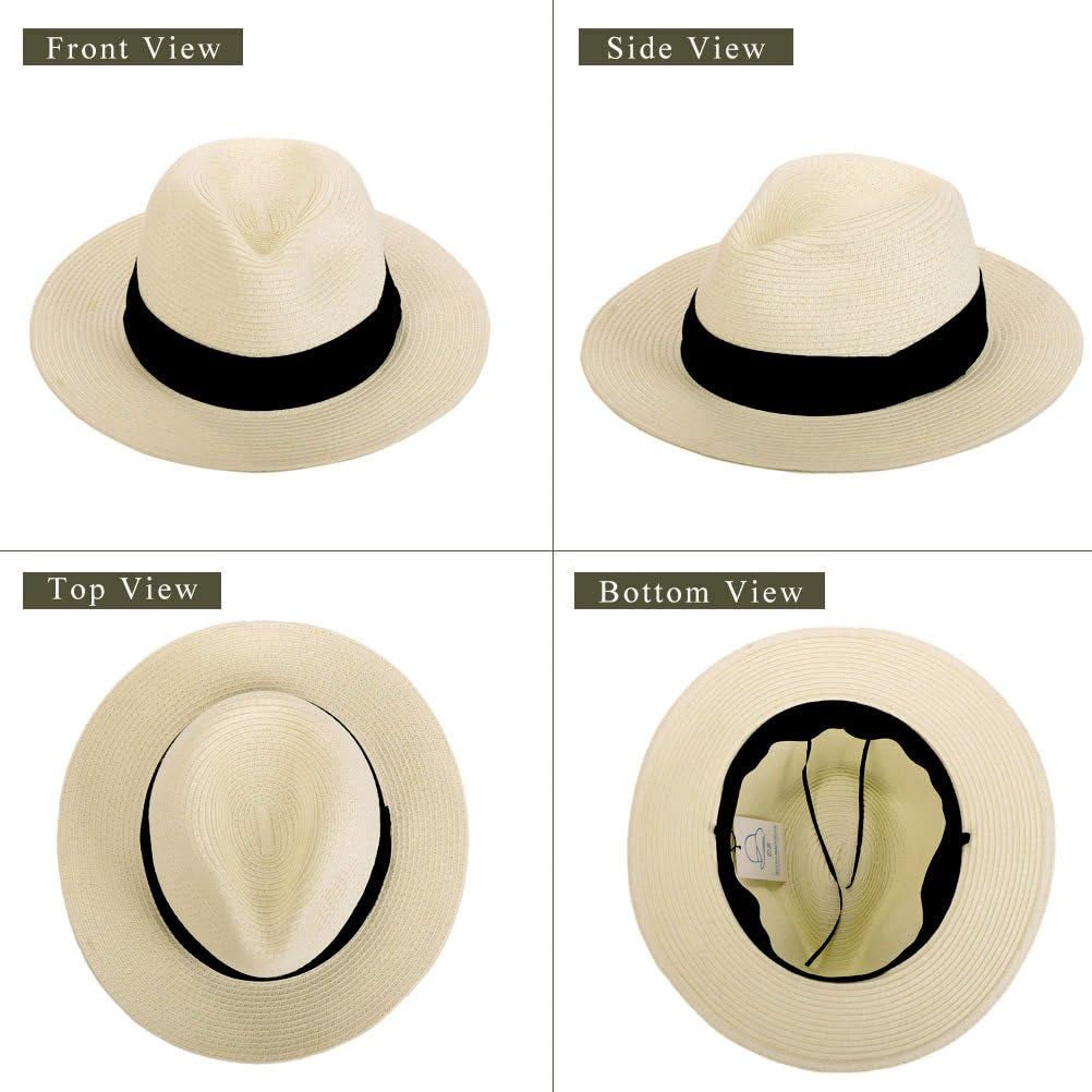 Panama Straw Hats for Women Summer Beach Sun Hat Wide Brim Fedora Cap Upf50+(C01-Brown)