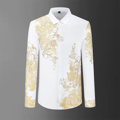 High Quality Rhinestone Flower Shirts Men Luxury Long Sleeved Casual Business Dress Shirt Slim Fit Banquet Party Tuxedo Tops