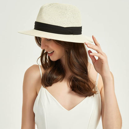 Panama Straw Hats for Women Summer Beach Sun Hat Wide Brim Fedora Cap Upf50+(C01-Brown)