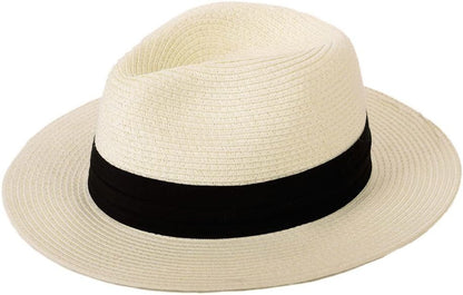 Panama Straw Hats for Women Summer Beach Sun Hat Wide Brim Fedora Cap Upf50+(C01-Brown)