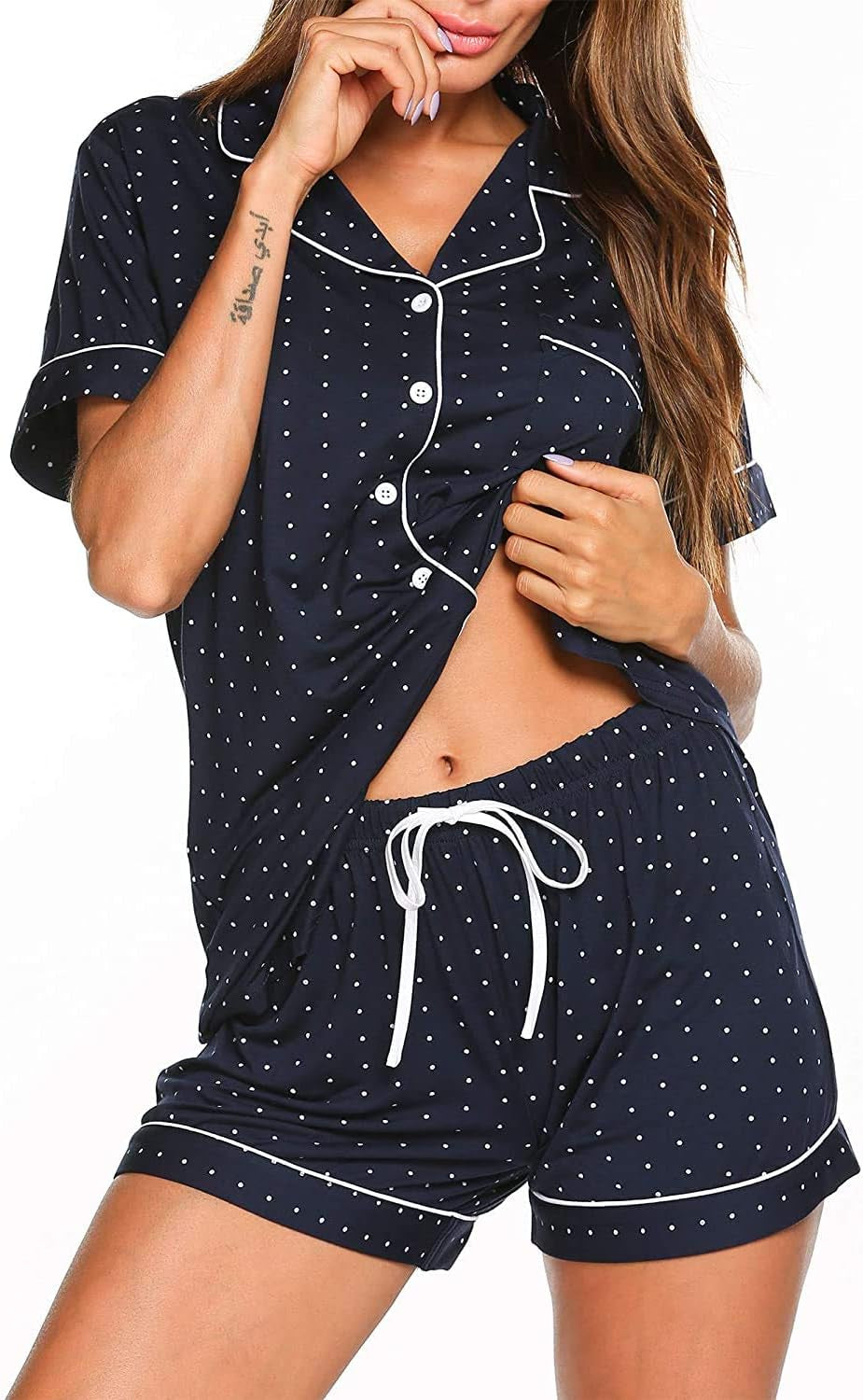 Pajamas Set Short Sleeve Sleepwear Womens Button down Nightwear Soft Pj Lounge Sets with Pocket S-4XL, Navy with White Dots, Large