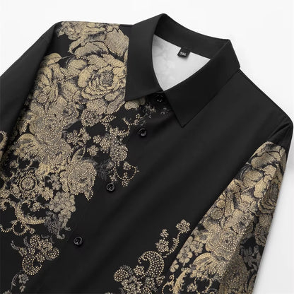 High Quality Rhinestone Flower Shirts Men Luxury Long Sleeved Casual Business Dress Shirt Slim Fit Banquet Party Tuxedo Tops