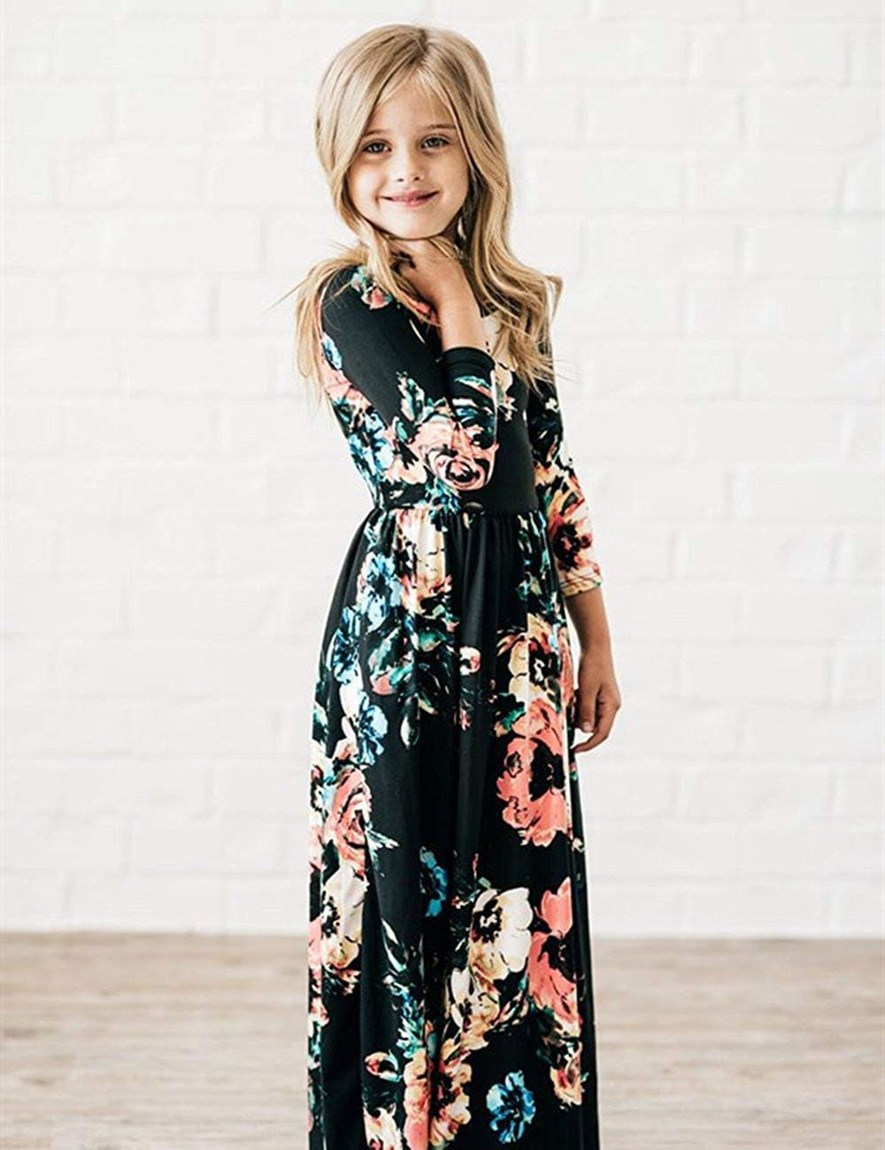 Girls Maxi Dress Floral 3/4 Long Sleeve Dresses with Pockets for Girls 6-12 Years