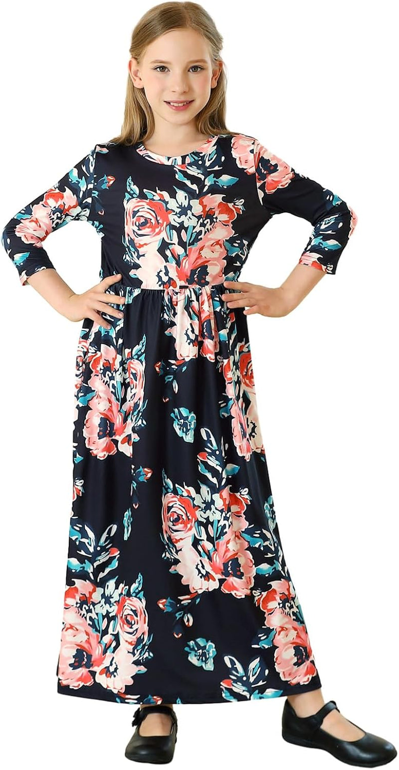 Girls Maxi Dress Floral 3/4 Long Sleeve Dresses with Pockets for Girls 6-12 Years