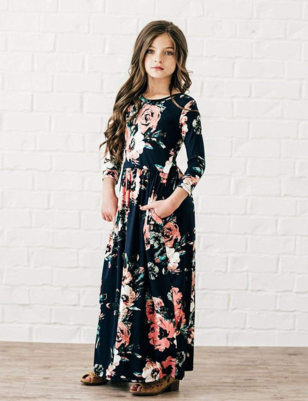 Girls Maxi Dress Floral 3/4 Long Sleeve Dresses with Pockets for Girls 6-12 Years