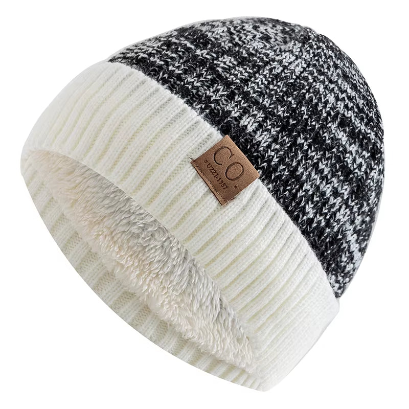 New Unisex Two-Tone Winter Hats Add Fur Lined Men and Women Fashion Warm Beanie Cap Casual Winter Knitted Hats