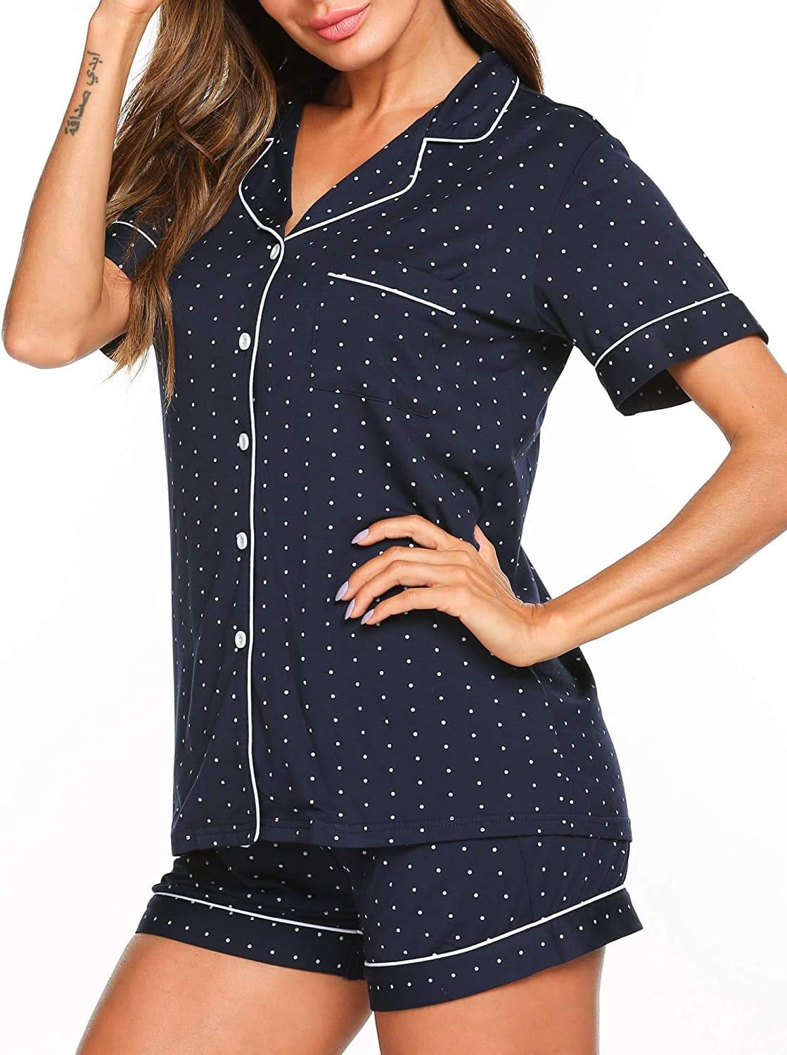 Pajamas Set Short Sleeve Sleepwear Womens Button down Nightwear Soft Pj Lounge Sets with Pocket S-4XL, Navy with White Dots, Large