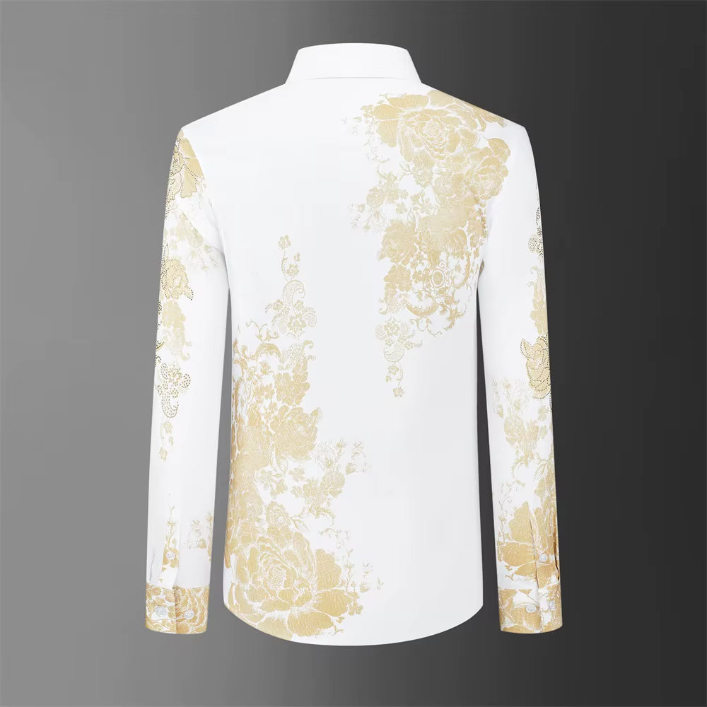 High Quality Rhinestone Flower Shirts Men Luxury Long Sleeved Casual Business Dress Shirt Slim Fit Banquet Party Tuxedo Tops