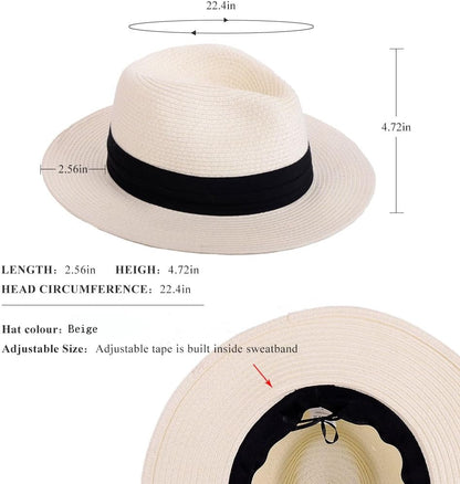 Panama Straw Hats for Women Summer Beach Sun Hat Wide Brim Fedora Cap Upf50+(C01-Brown)